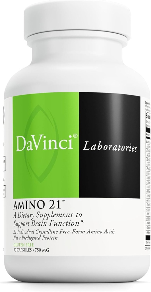 DAVINCI Laboratorios Amino 21 - Apoya Función cerebral & Metabolismo muscular* - Suplemento dietético aminoácidos con L-Glutamina, L-Lysine HCl, Tyrosine, L-Arginina y Más - Sin gluten - 90 cápsulas, 750 mg