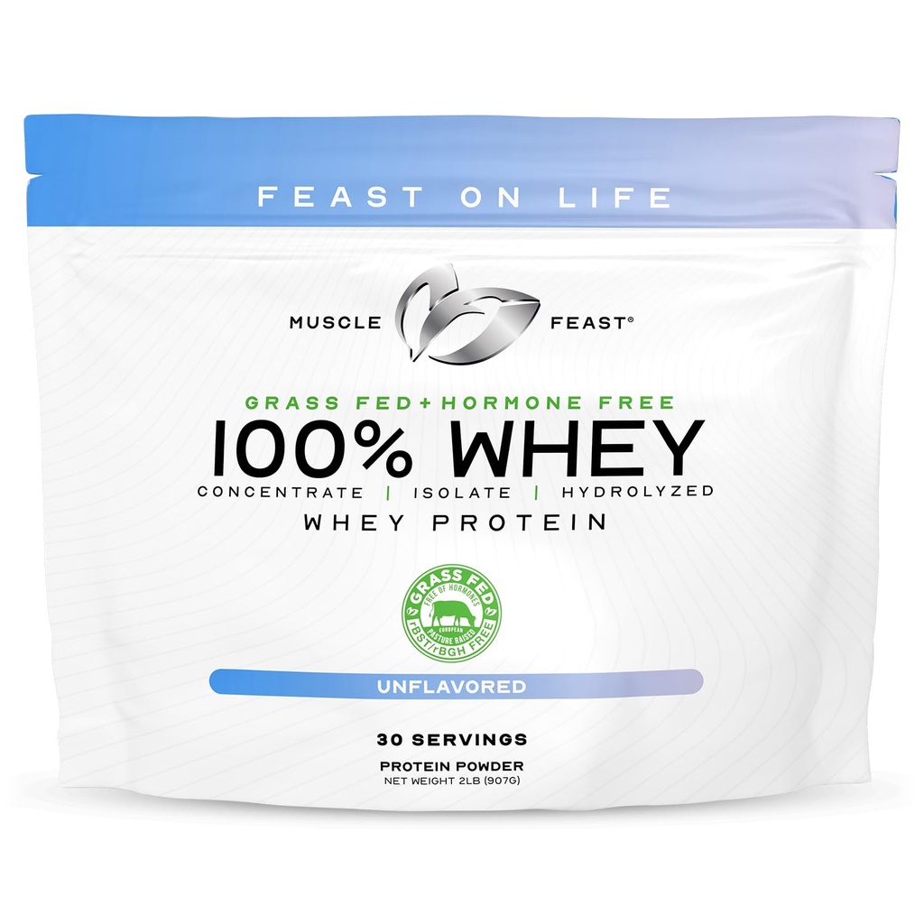 Muscle Feast 100% Grass Fed Whey Protein Powder, All Natural Hormone Free Paure Raised Whey Protein Powder for Women ' Men- Whey Concentrate, Isolate & Hydrolyzed Protein Powder Blend- Unflavored, 2lb