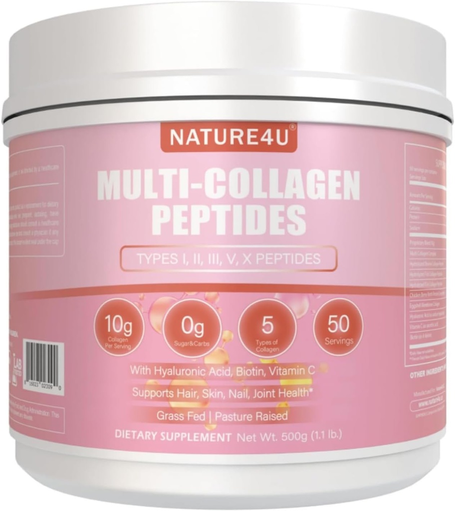 Multi Collagen Peptides Powder 10g - Tipo I, II, III, V, X Hidrolyzed Collagen Protein Powder con biotina, ácido hialurónico, vitamina C para el cabello, piel, uñas & soporte conjunto - Desarrollado 1.1 lb