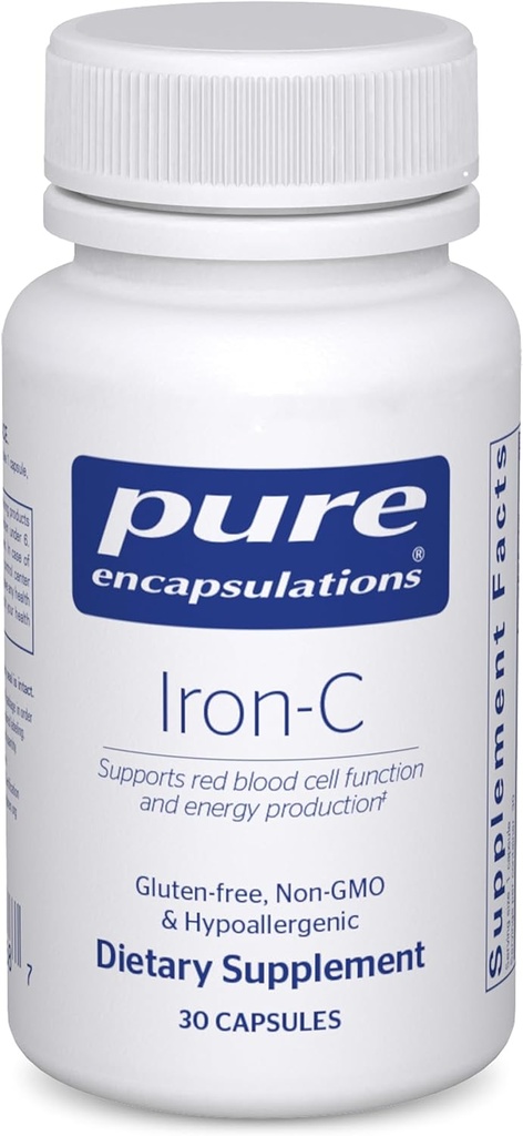 Encapsulaciones puras Iron-C - 15 mg - 175 mg Vitamina C - Red Blood Cell Support* - Energy Production - Highly Bioavailable Pill de hierro - Gluten Gratis & Vegan - 30 cápsulas
