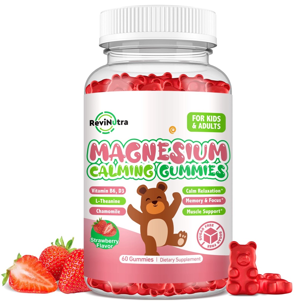 Magnesium Gummies para niños - Magnesium Glycinate Gummies Suplemento con L-Theanine, Vitamina B6, D3 para niños y adultos Dormir, Calma, Relajación, Cerebro, Huesos, Azúcar Fresa Gratuita 60ct