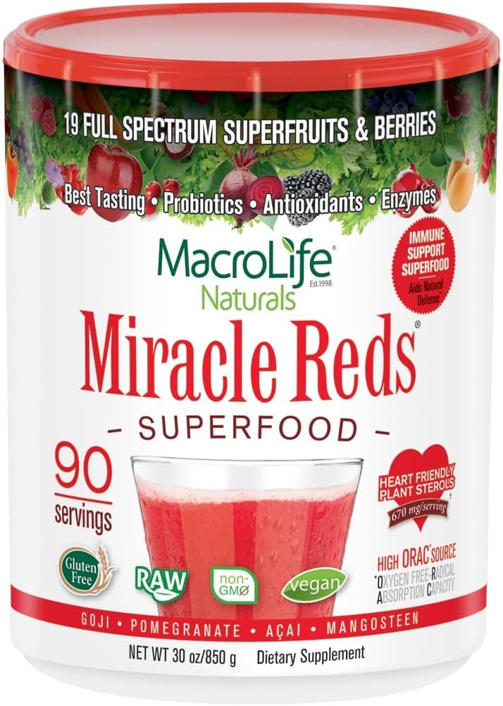 MacroLife Naturales Milagro Rojos Superalimento Suplemento Polvo Antioxidantes Polifenoles Enzymes Probióticos - Raw Non-GMO Organic Vegan Gluten & Dairy Free - 30oz (90 Servings) 30oz