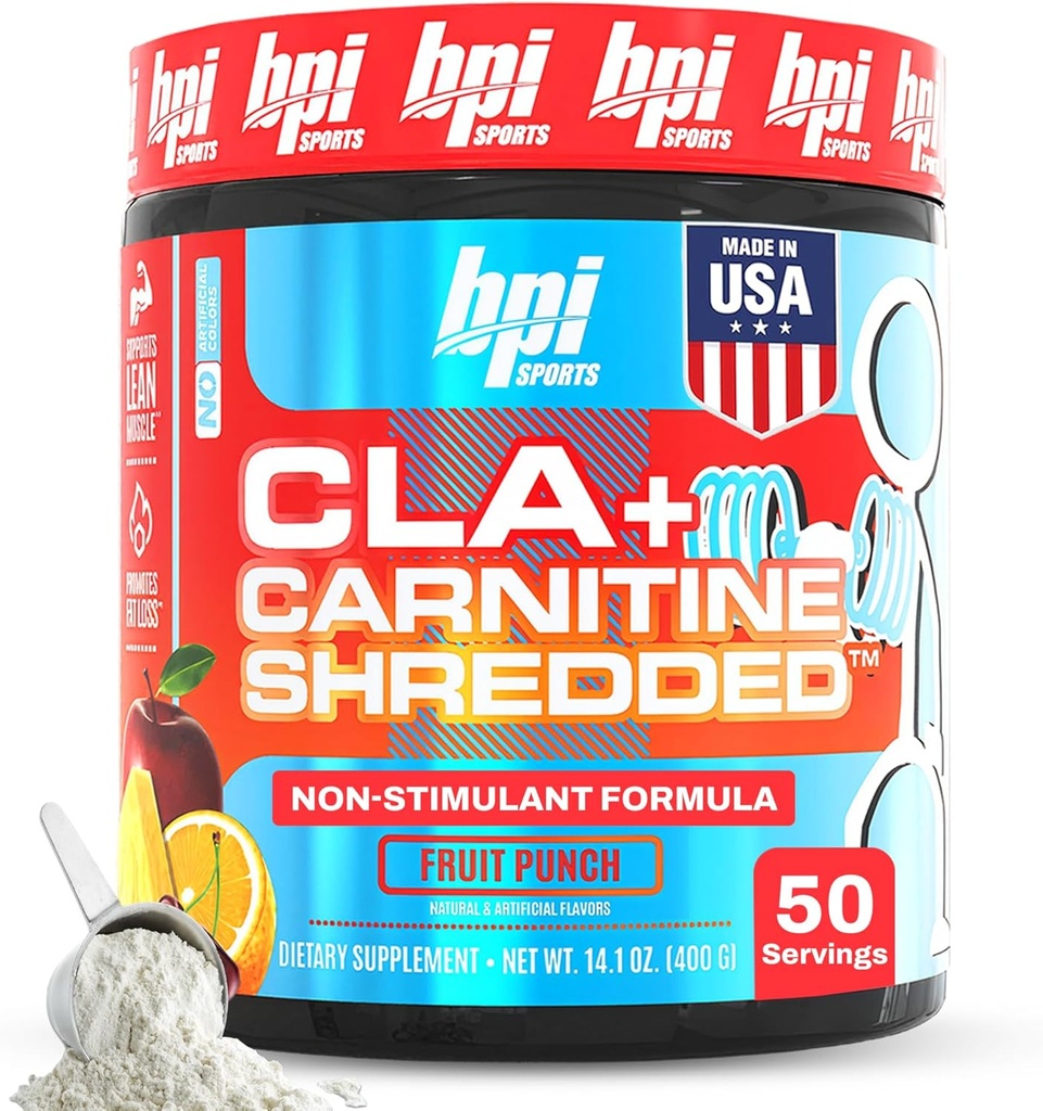 BPI Sports CLA + Carnitine Shredded - Convertir células grasas en energía y apoya el músculo magro, metabolismo más alto - Suplemento no estimulante L-Carnitina - Fruta Punch (14.1 oz. / 50 Serviciones)
