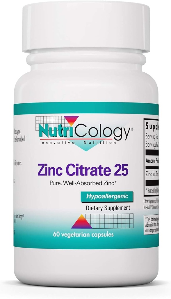 [BRSWKHDZCJYGKAA4] Nutricology Zinc Citrate Supplement - 25mg Zinc for Men & Women, Immune Support, Pure, Well-Absorbed, Well-Tolerated, Trace Mineral, Vegetarian Capsules - 60 Cuenta