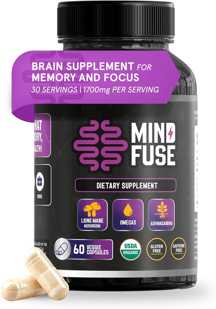 Suplemento Nootropic Memory Booster para Adultos - Mane de León Capsules con Omega-3, Ashwagandha & L-Theanine para Focus & Memory - Gluten-Free 60 cápsulas
