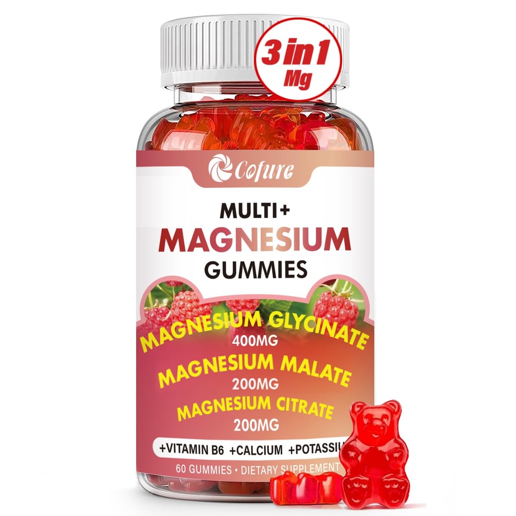 Complejo de magnesio triple 900 mg, Glicinato de magnesio, citrato, malato con potasio, calcio, vitamina B6 para calmar el sueño - Vegan, no GMO, gluten Gratis - 60 gomas de arándano para adultos