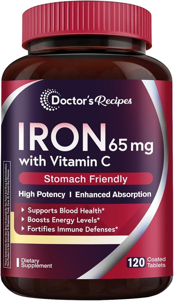 Recetas del médico Suplemento de hierro 65 mg con vitamina C - Absorción máxima " Pastillas de hierro amigables para la formación de células de sangre roja, corazón, cerebro " salud de inmunidad - Vegan no GMO 120 Tabs de hierro