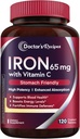 Recetas del médico Suplemento de hierro 65 mg con vitamina C - Absorción máxima " Pastillas de hierro amigables para la formación de células de sangre roja, corazón, cerebro " salud de inmunidad - Vegan no GMO 120 Tabs de hierro