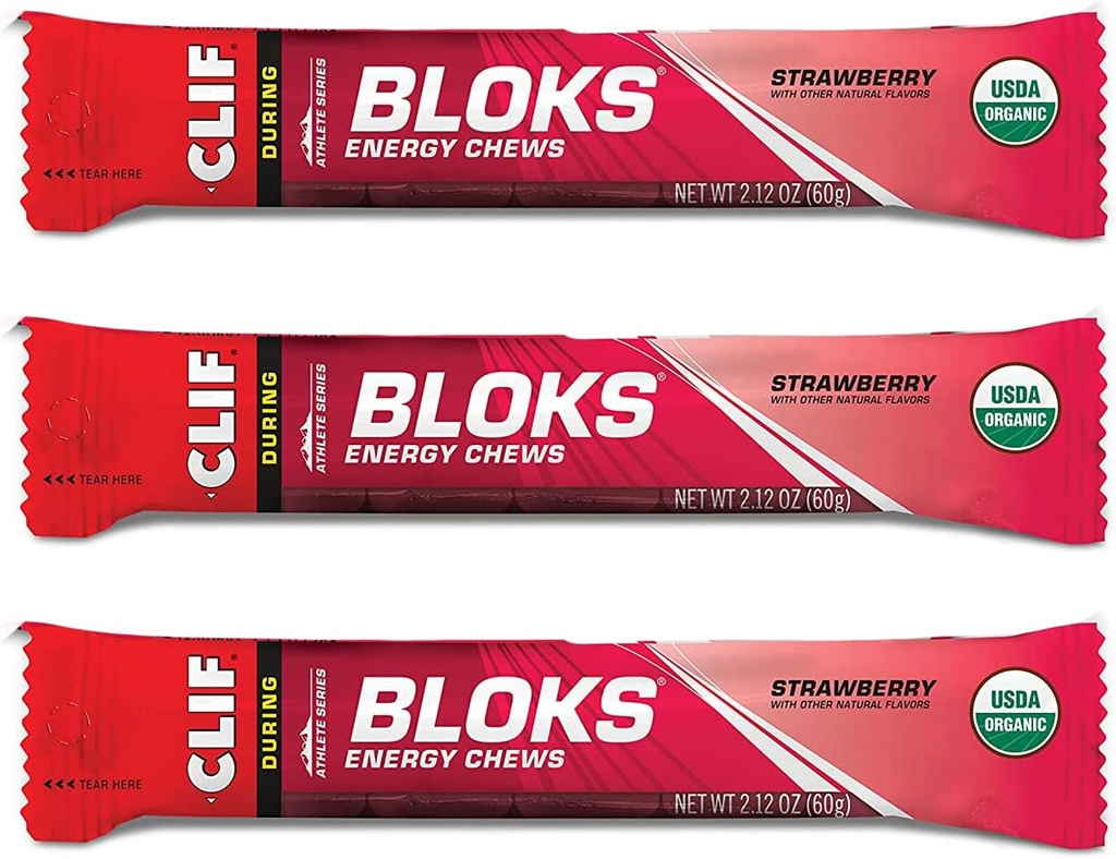 CLIF BLOKS - Chews de energía - Fresa... - Comida basada en plantas - Combustible rápido para el asiento de ciclismo y funcionamiento (2.1 paquete de onzas, 3 cuenta)
