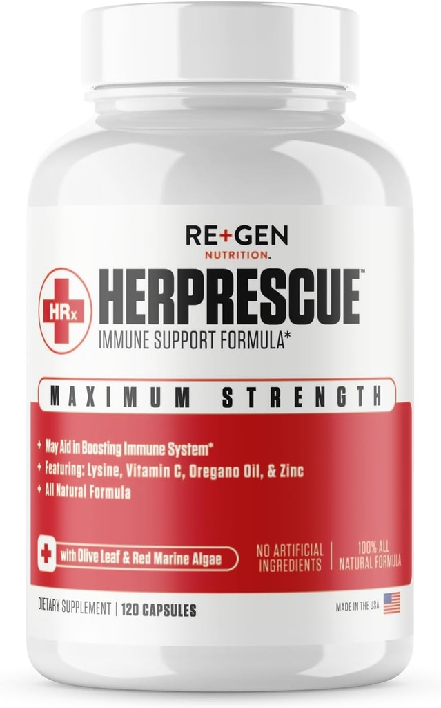Re+Gen Nutrition HERPRESCUE Outbreak Support Supplement, Cold Sore Care for Adults, Natural Capsules w/Zinc, Vitamina C, & L lysine Amino Acid for Immune Health, 120 Capsules