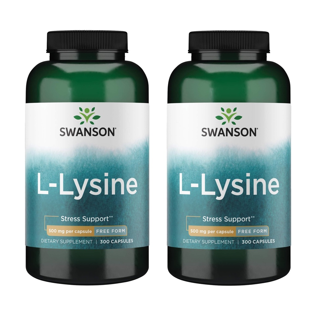 Swanson Free Form L-Lysine - Natural Supplement Promoting Stress Support & Nervous System Health - May Promote Calm Mood & Relax - (300 cápsulas, 500 mg cada uno) 2 Pack