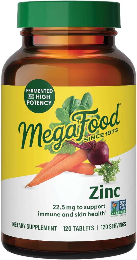 Suplementos MegaFood Zinc - Suplemento Vegan Immune Support con 22,5 mg Zinc fermentado de alta potencia - Hecho con comida real - sin gluten, Kosher - 120 Tabletas, 120 Servimientos