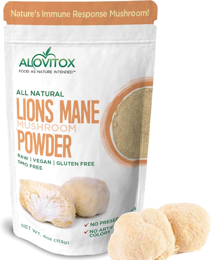 Alovitox Mane Mushroom de león orgánico Polvo ← Superalimento Natural para el Cerebro, Energía &amp; Salud Inmunitaria, Proporciona soporte neuronal, Protección GI, Beneficios cardiovasculares ← Non-GMO, Vegan, Libre de gluten