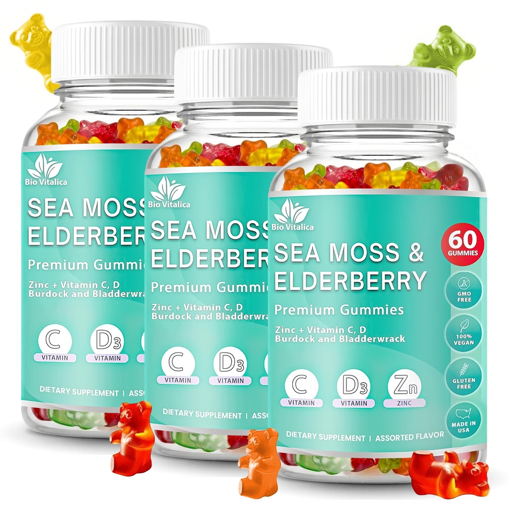 BIO VITALICA Sea Moss Gummies Elderberry BioVitalica - Vitamina C D + Zinc - Irish Seamoss Vegan Gummy with Sea Moss Gel & Powder for Immunity, Detox - for Adults and Kids (3Packs)