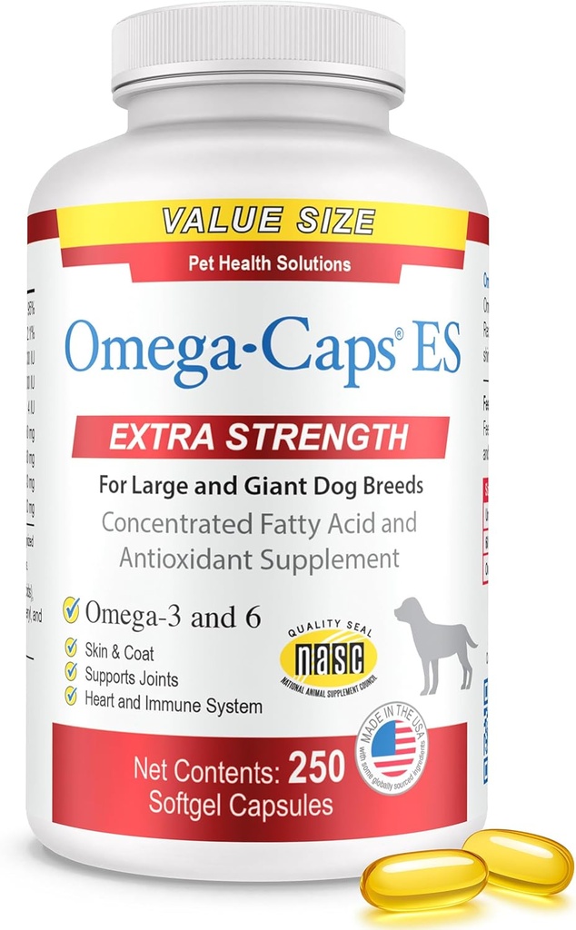 Omega-Caps ES para perros grandes y gigantes - Omega 3, Vitaminas, Minerales, Antioxidantes - Sistema de soporte, articulaciones, corazón y cerebro - 250 cápsulas de Softgel