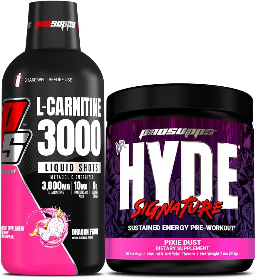 PROSUPPS L-Carnitine 3000 Stimulant Free Liquid Shots (31 Servings, Dragon Fruit) y Mr. Hyde Signature Series Pre-Workout Energy Powdered Drink (30 Servings, Pixie Dust) Bundle
