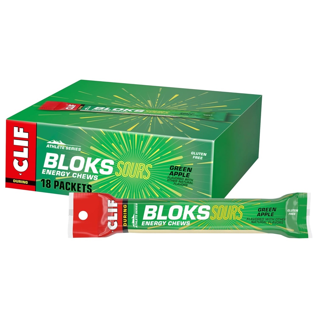 [BRSROCQ7AB6QI3T6] Clif Bloks Sours - Green Apple Flavor - Energy Chews - Non-GMO - Bases de plantas - Combustible rápido para Ciclismo y Correr - Carbohidratos rápidos y electrolitos - 2.12 oz. (18 Conteo)
