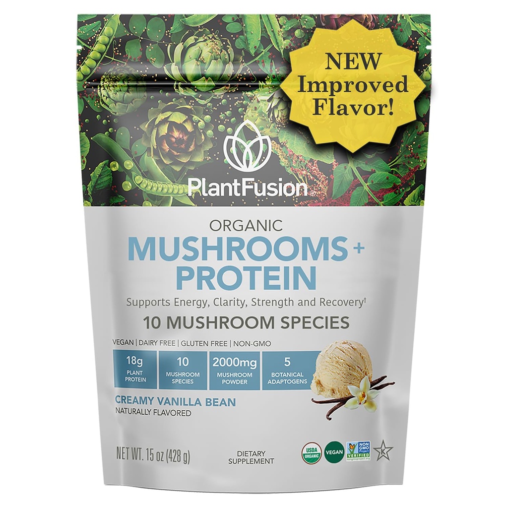 Plantafusion Mushroom Protein Powder - 3 en 1 Pólvora Vegan Proteína, Suplemento de Mushroom y Suplemento Adaptógeno - Apoyo mental, inmunidad y recuperación - Vainilla 1lb