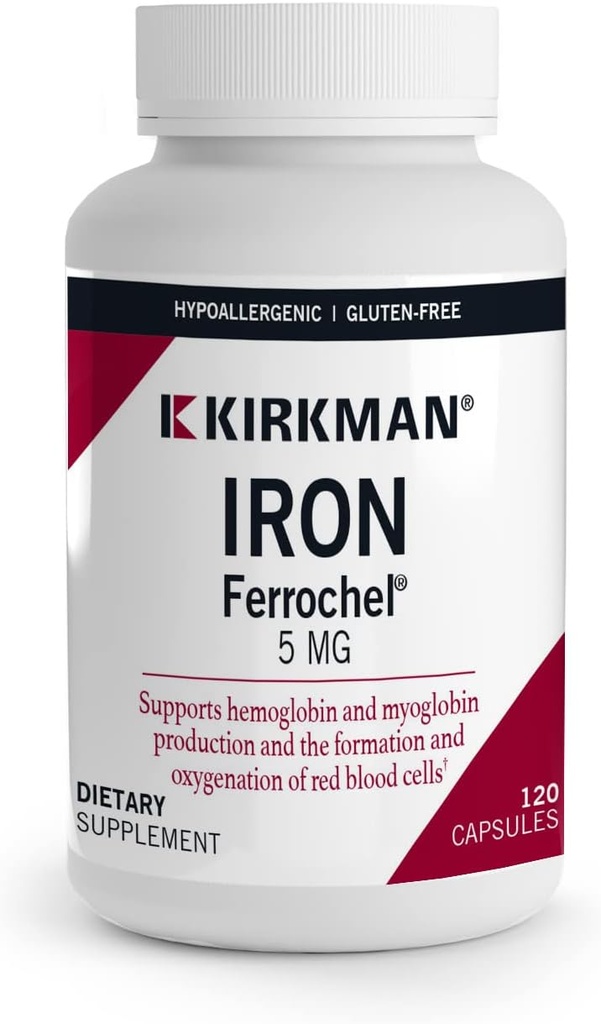 Kirkman - Iron Ferrochel 5mg - 120 Capsules - Ayudas Hemoglobina & Myoglobin Producción - Apoyos Red Blood Cells Formación - Hypoallergenic