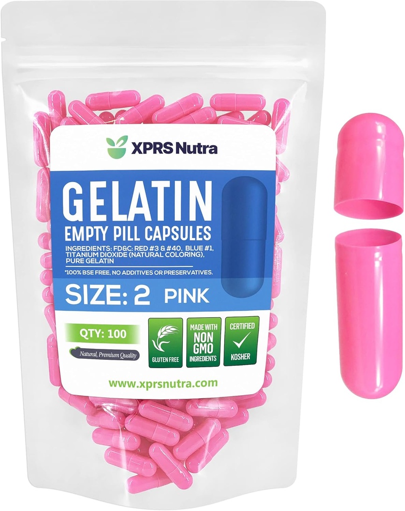 XPRS Nutra Size 2 Empty Capsules - 100 Count Empty Gelatin Capsules - Pills DIY Capsule Filling - Pure Bovine Pill Gel Caps for Do-It-youself Supplements (Pink)