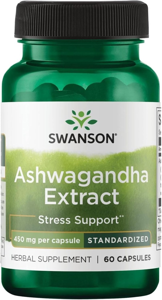 Swanson Ashwagandha Extracto - Suplemento Natural Promoción de una respuesta saludable al estrés, apoyo energético " Nervous System Health - Suplemento ayurvédico para el bienestar natural - (60 cápsulas, 450 mg cada uno)