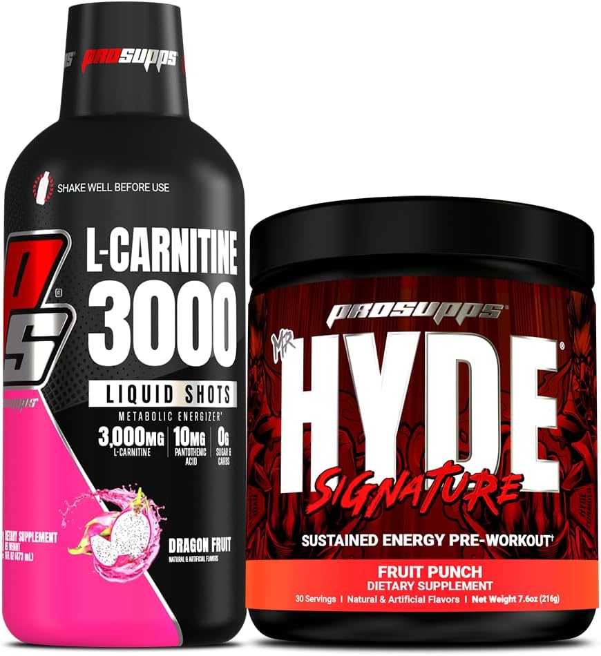 PROSUPPS L-Carnitine 3000 Stimulant Free Liquid Shots (Dragon Fruit) y Mr. Hyde Signature Series Pre-Workout Energy Powdered Drink (Fruit Punch) Bundle