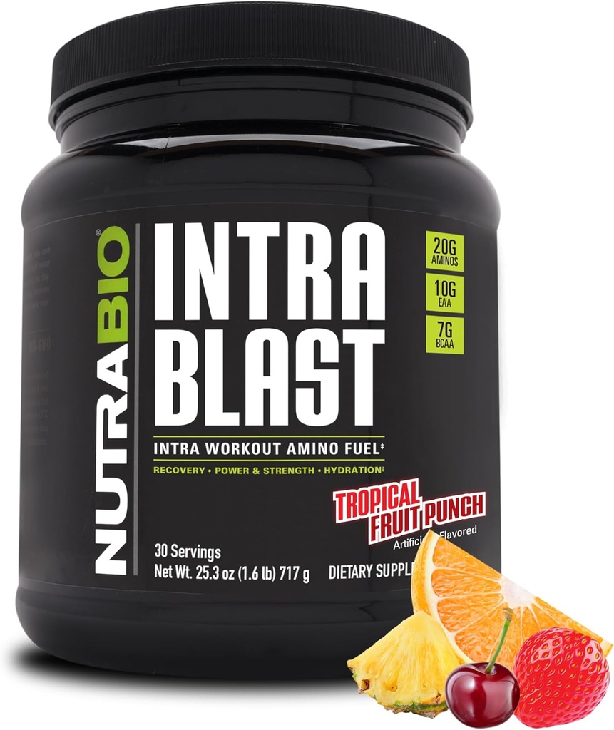 NutraBio Intra Blast Bcaa Powder Amino Amino Acid Suplemento, Electrolyte & Hydration Blend, Intra, Pre Workout & Muscle Recovery, 20g Eaa Amino Acids Powder, 5g Glutamine- Tropical Fruit Punch, 30 Serving