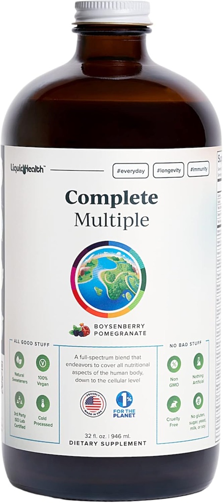 LIQUIDHEALTH Multivitamina líquida de múltiples adultos - Vitaminas esenciales, Minerales " Nutrientes, Apoyo Inmunitario, Gut Health, Energía, Detox - Hecho en EE.UU., Vegan, No GMO, Libre de Azúcar (32 oz)
