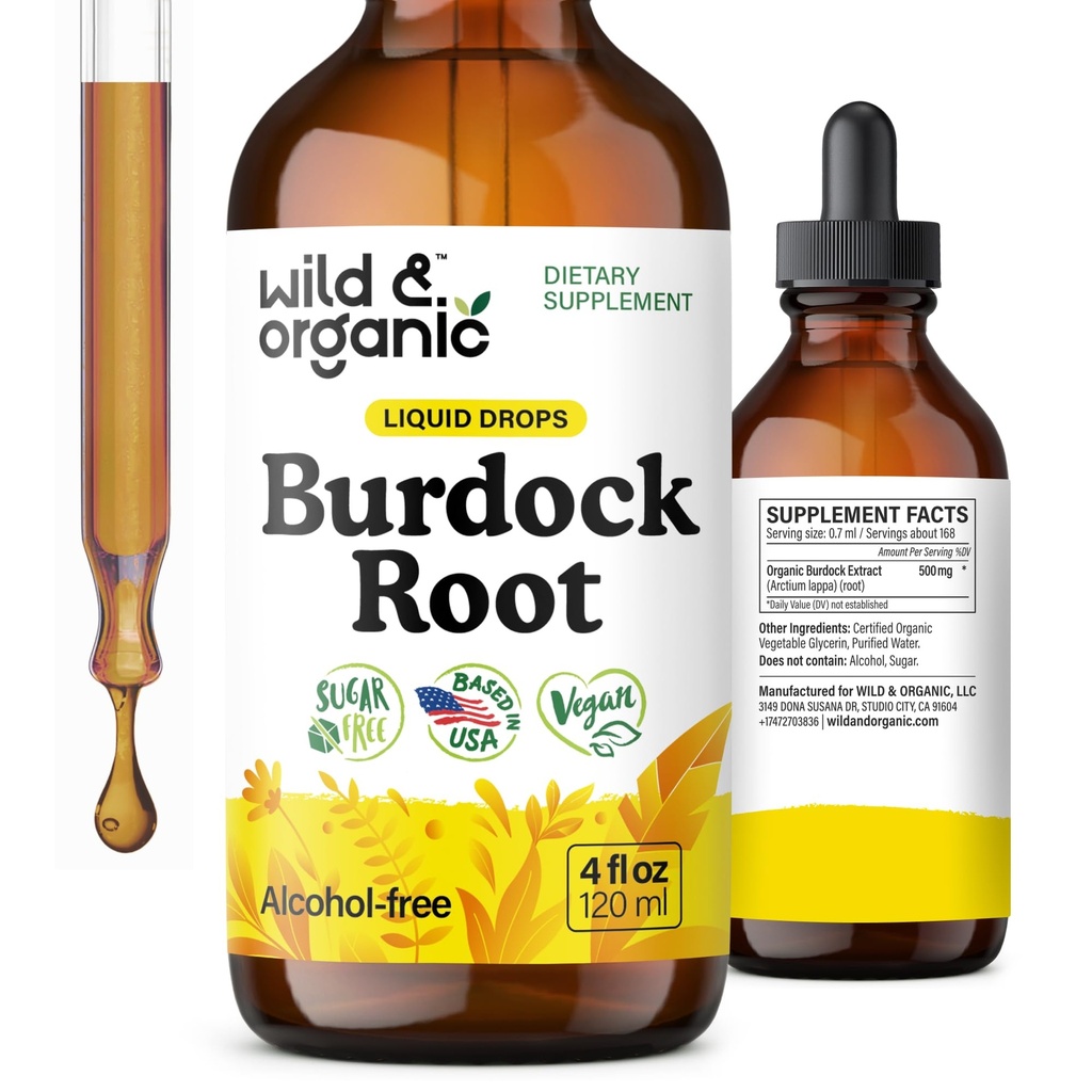 Wild & Organic Burdock Root Tincture - Suplemento líquido para antioxidantes, detox, soporte digestivo - Burdock Root Herb Drops - Vegan, Azúcar &amp; Alcohol-Free - 4 fl oz