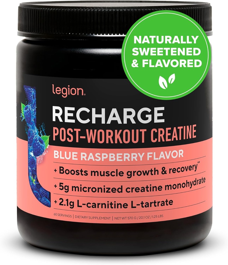 Recarga Legión suplemento de entrenamiento - Todo Natural Muscle Builder & Recovery Bebida con Monohidrato de Creatina Micronizada. Naturalmente endulzada, segura y saludable. (Blue Raspberry, 60 Serving)