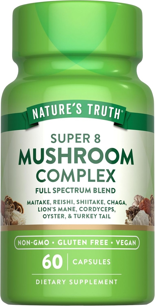 La verdad de la naturaleza Mushroom Complejo Capsules Silenciosos 60 Conde Silencio Complejo Espectrum completo de Super 8 Mushrooms ← Vegan, Non-GMO, & Gluten Suplemento gratuito