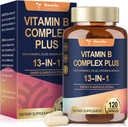 Complejo de vitamina B 13 en 1 Más con vitamina B1, B2, B3 (Niacinamide), B4, B5, B7, B7 (Biotin), B8 (Inositol), B9 (Folate), B12, C, D3, K2 - Energy, Nerve, Immune, Skin Support - 120 cápsulas Vegan