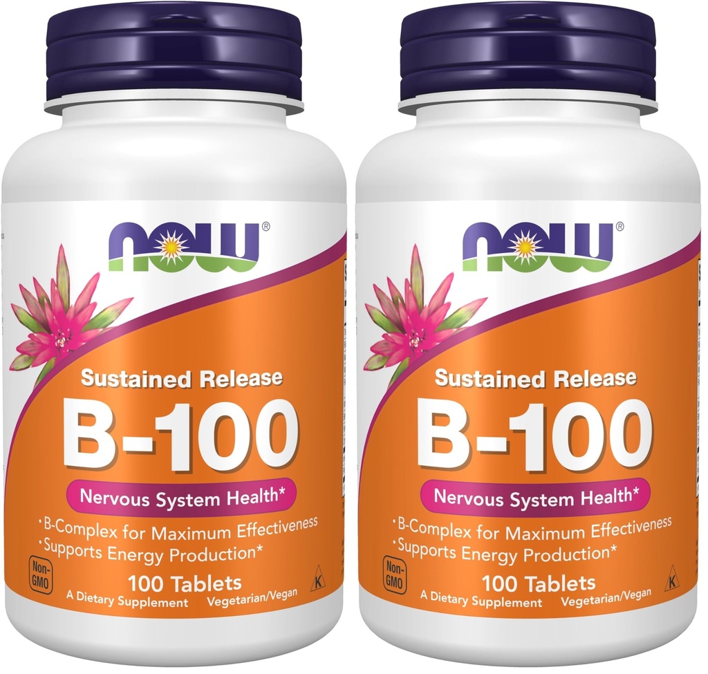AHORA Suplementos, vitamina B-100, liberación sostenida, producción energética*, salud del sistema nervioso*, 100 Tabletas (Pack of 2)