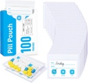 ZIKEE Pill Bags for Travel, Reusable Pill Pouches BPA Free 2.75" x 3.54", Daily Medicine Bags with XL Capacity for 24 Fish Oils, Vitamin Organizer with Customizable Write-on Area (100 Count)