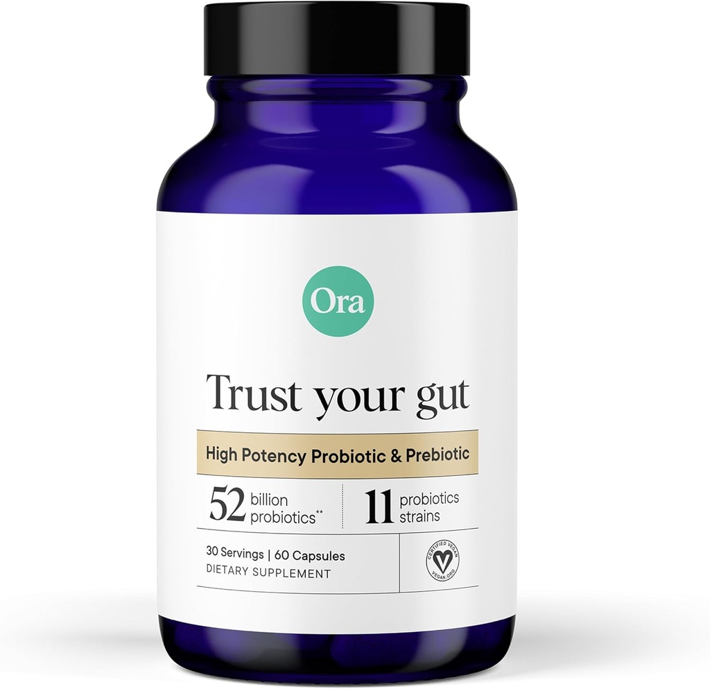 Ora Ora Orgánica Probióticos con Prebióticos - 52 Billones CFU 11 Strains clínicamente estudiados para la Salud Digestiva, Confía en tu Gut, Gluten Gratis, 60 cápsulas