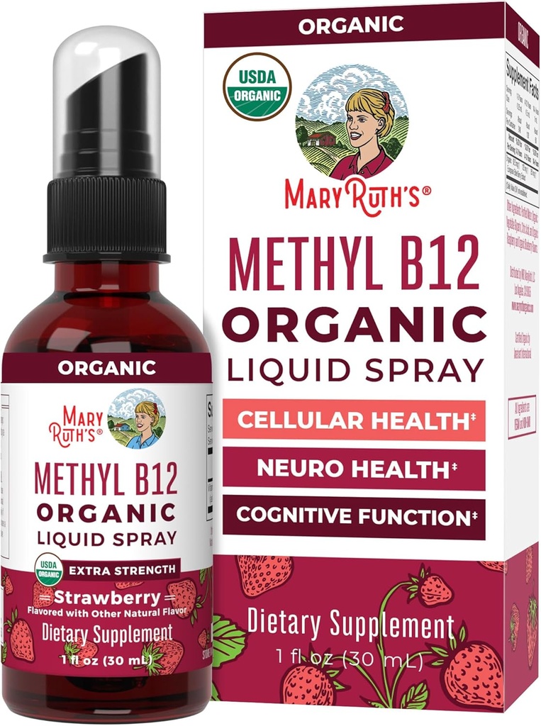 MaryRuth Organics Vitamina B12 Liquid Spray tóxico Vegan, Non-GMO, Libre de gluten Silencio USDA Organic Supplement TEN Energy & Nervous System Support TEN B12 Vitaminas para Mujeres & Hombres TEN 720 mcg TEN 1 Fl Oz