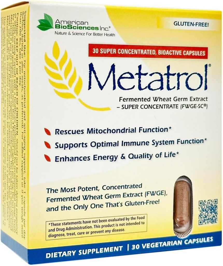 Metatrol Fermented Wheat Germ Extract - Immune & Mitochondria Apoyo a la Vitality Renewed & Enhanced Energy - Gluten Free - 30 Vegetarian Capsules, 41mg