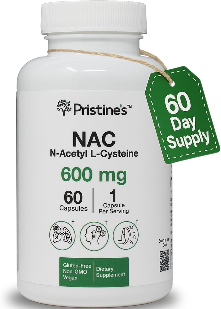 PriSTINE'S N-Acetyl L-Cysteine (NAC) Inmunity, Lung, " Liver Support Supplement Capsules - 600MG 60 Day Supply - Potent Antioxidant - Vegan, Gluten Free, Non GMO