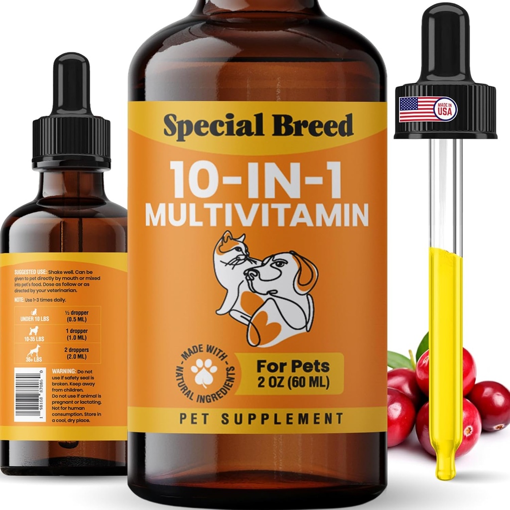 Multivitamina líquido de 10 en-1 para perros y gatos, 2 suplemento de vitamina multi onza, vitamina para perros, vitaminas para gatos, con arándanos de Glucosamina, 2 oz