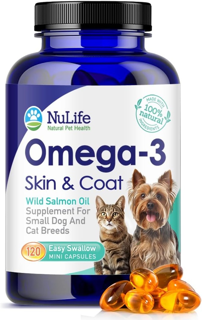 Omega 3 aceite de pescado para perros pequeños & gatos - Pet Fish Oil Supplement with DHA & EPA Fatty Acids for Healthy Skin and Coat - Mejora la ropa de cama ' Alivia la piel seca, picazón - 500mg - 120 cápsulas