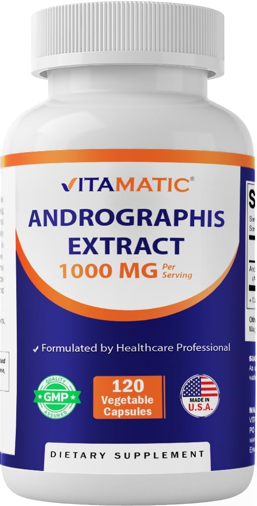 Vitamatic Andrographis Extract 1000 mg Por Serving - 120 Veg Capsules - 20X Extract, 100% Vegetariano, All-Natural, Gluten Free, Non-GMO