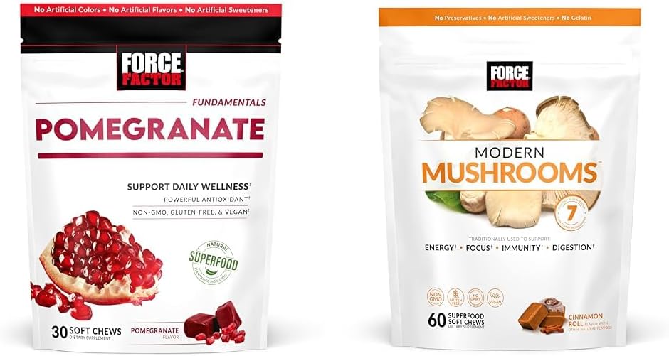 Factor de fuerza Pomegranate Soft Chews for Healthy Aging, Heart Health, Bone Health, Brain Health, 30 Soft Chews Moderno Mushrooms Soft Chews, Suplemento de setas, Cinnamon Roll, 60 Soft Chews