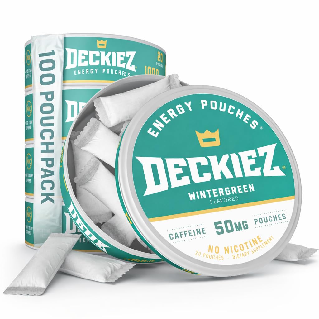 Deckiez Energy Pouches, 5 Cans (100 Pouches), suplemento de cafeína gratis de azúcar, café Pouches " Energy Drink Alternative, 50mg Caffeine Pouches, Wintergreen Flavor