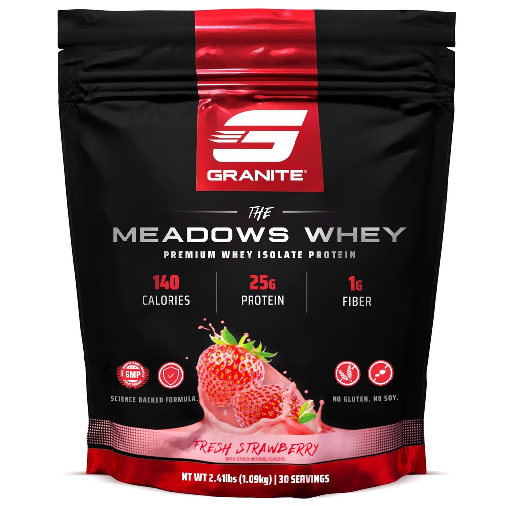 Suplementos de granito Los prados Whey Protein Isolate Protein Powder para el músculo magro con 150 Calories, 2g Fiber, 1g Sugar (30 Servings), Fresco Sabor de Fresa