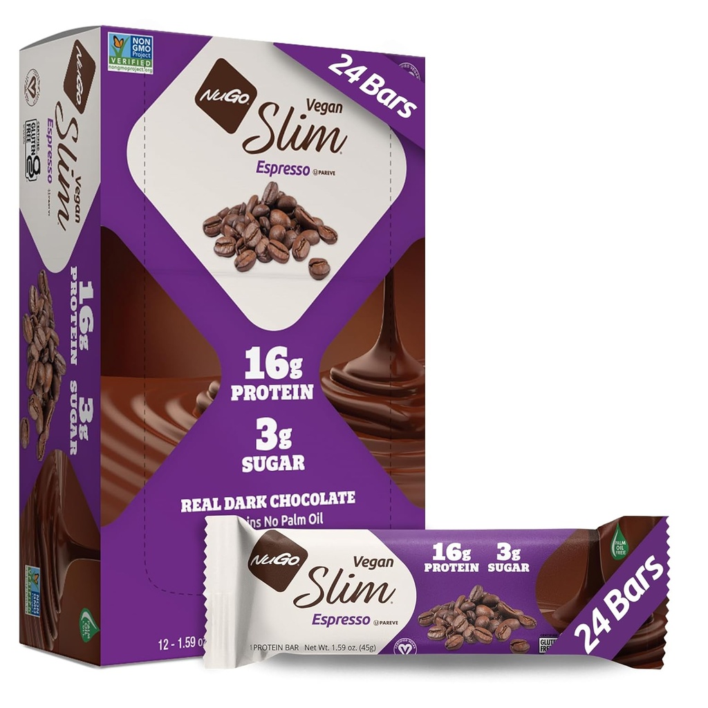 [BRSWY2QOBB6QY3YY] Nugo Slim Dark Chocolate Espresso, 16g Vegan Protein, 3g Sugar, 7g Fiber, Low Net Carb, Keto Friendly, Gluten Free, 24 Condes