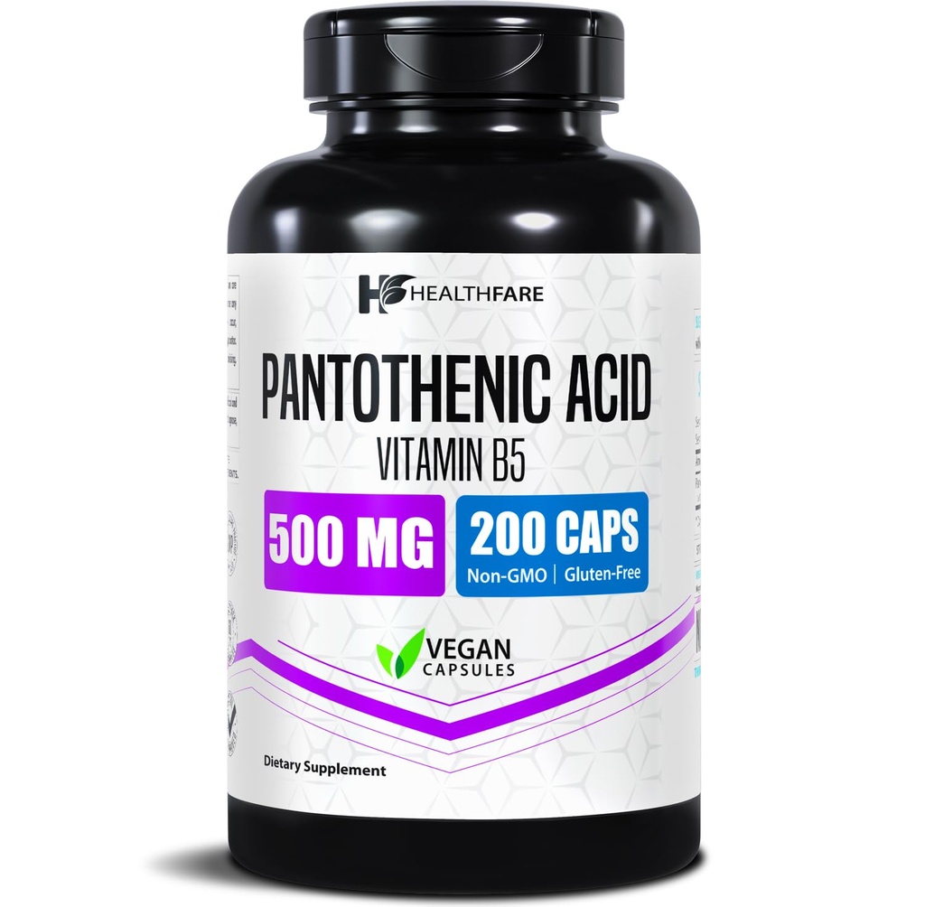 Healthfare Pantothenic Acid 500mg Vitamin B5 Supplement ← 200 Vegan Capsules ← Extra Strength Energy &amp; Metabolism Support ← Non-GMO, Gluten-Free TEN Made in USA