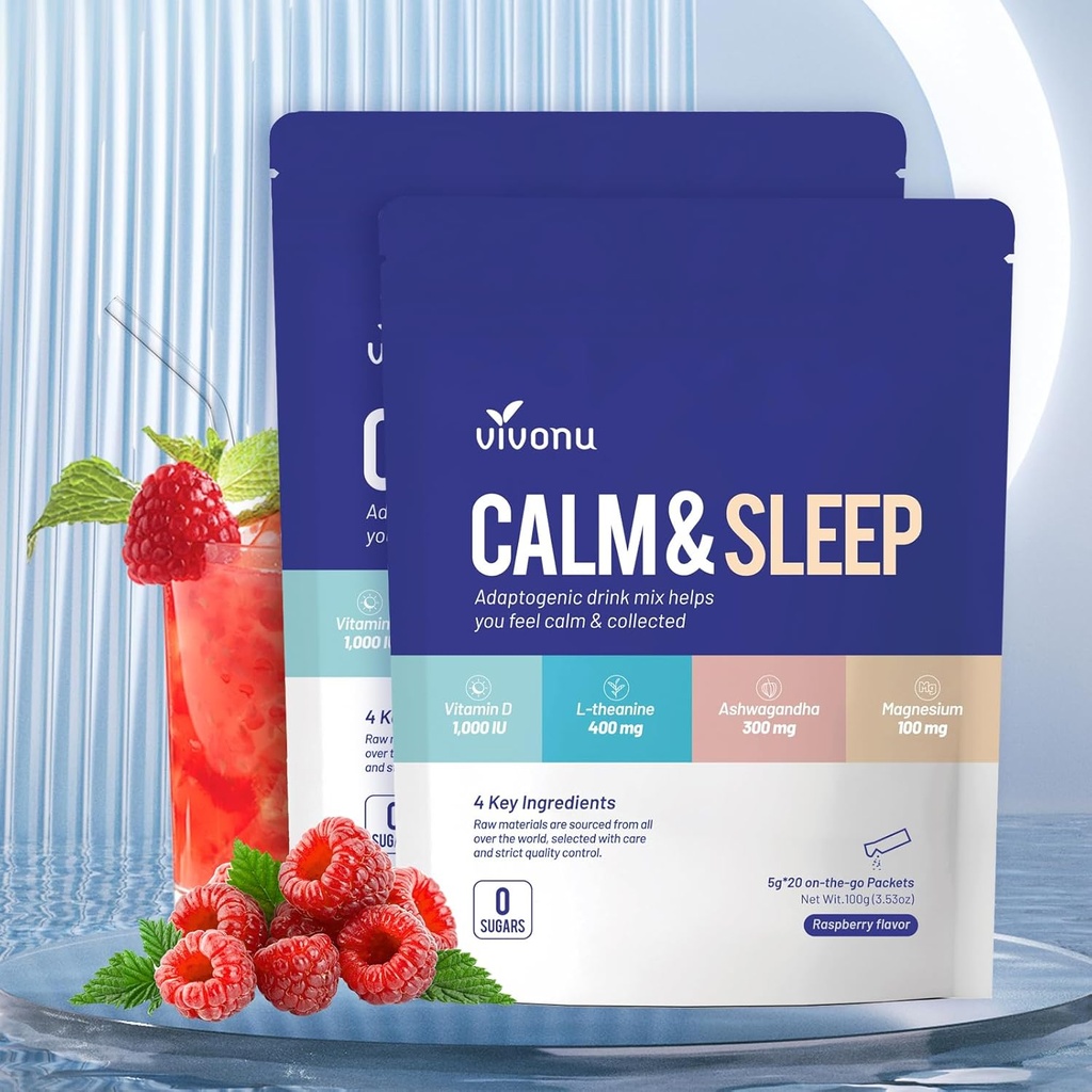Calma & Bebida para dormir mezcla de arándano L Theanine Ksm-66 Ashwagandha Magnesio Glycinate Vitamina D 3 Suplementos para la Relajación " Focus No Sugar Non GMO