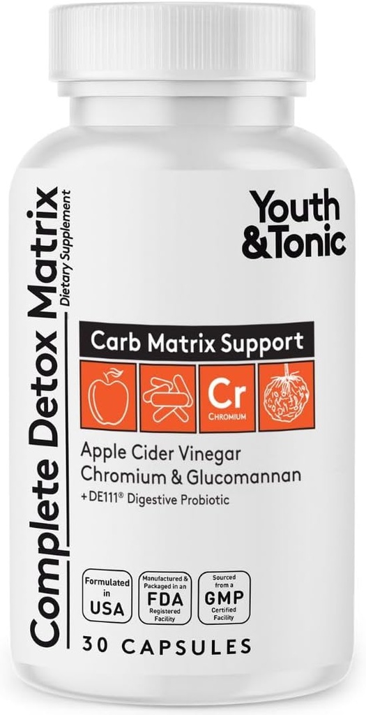 Youth ' Tonic Bombillas de desintoxicación equilibradas como limpieza completa de Gut & Carb Matrix Soporte con ACV, Glucomannan, cromo para la desintoxicación corporal " Salud digestiva, suplemento para hombres " mujeres, testado de terceros