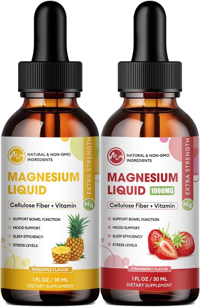 Magnesio Glycinate Líquido, 1000 mg Magnesio Suplemento líquido con fibra de celulosa, bromelaína, vitamina B6, C, D, zinc, gotas líquidas de magnesio para niños y adultos, 2 Pack