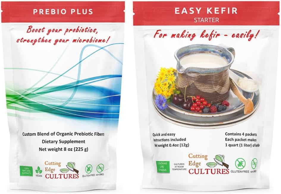 Prebio Plus + Kefir Starter Culture Prebiotic Fiber Powder Best Custom Blend of Organic Prebiotic Fibers Suplemento dietético (1 Prebio Plus + 1 Kefir 20g)